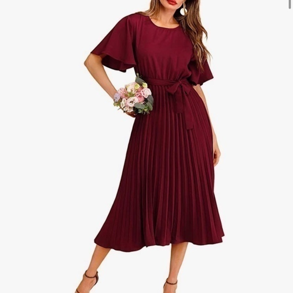 Elegant Belted Pleated Flounce Sleeve Long Dress